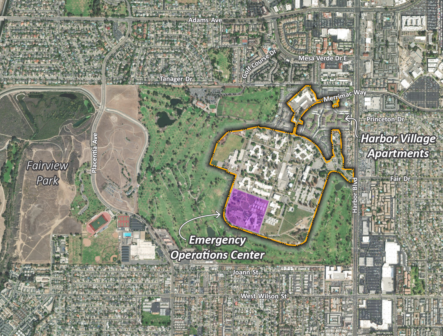 Satellite view showing the study area of the Developmental Center as it sits in the nearby neighborhoods. An orange dotted line shows the outline of the whole site, with a purple overlay in the southwest corner for the Emergency Operations Center, which is not part of this project.