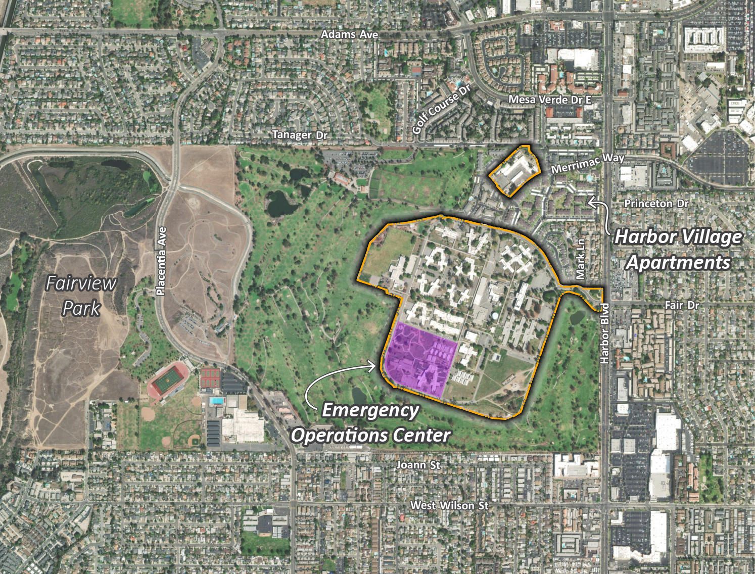 Satellite view showing the study area of the Developmental Center as it sits in the nearby neighborhoods. An orange dotted line shows the outline of the whole site, with a purple overlay in the southwest corner for the Emergency Operations Center, which is not part of this project. Updated in August 2024 to show that the area along Merrimac Drive and Mark Lane are not part of the project area.